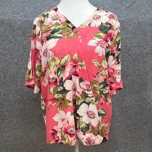 IMAN Pink Floral Faux Wrap V-Neck Blouse Split Short Sleeve Tropical Hawaiian SM